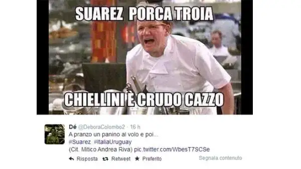 L'attaccante dell'Uruguay, non visto dall'arbitro, ha addentato Chiellini in piena partita. E i social network si sono subito scatenati, dandogli del vampiro, dello squalo o mettendogli la museruola.
