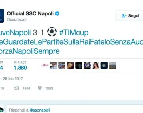 Napoli: tweet di fuoco contro la Rai